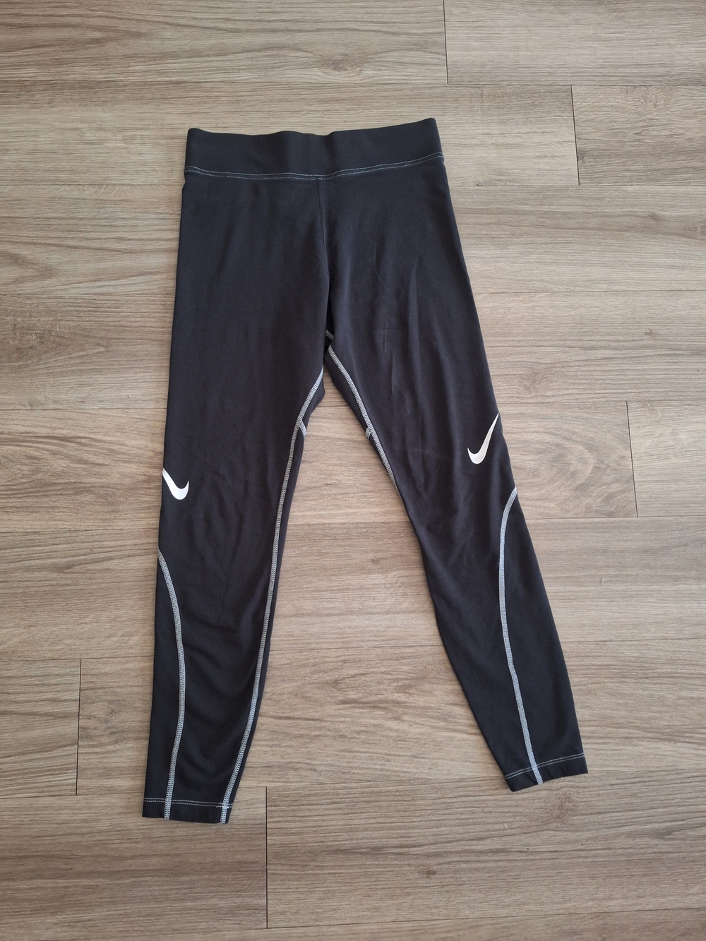 Nike Black Leggings with White Swoosh and  Piping
